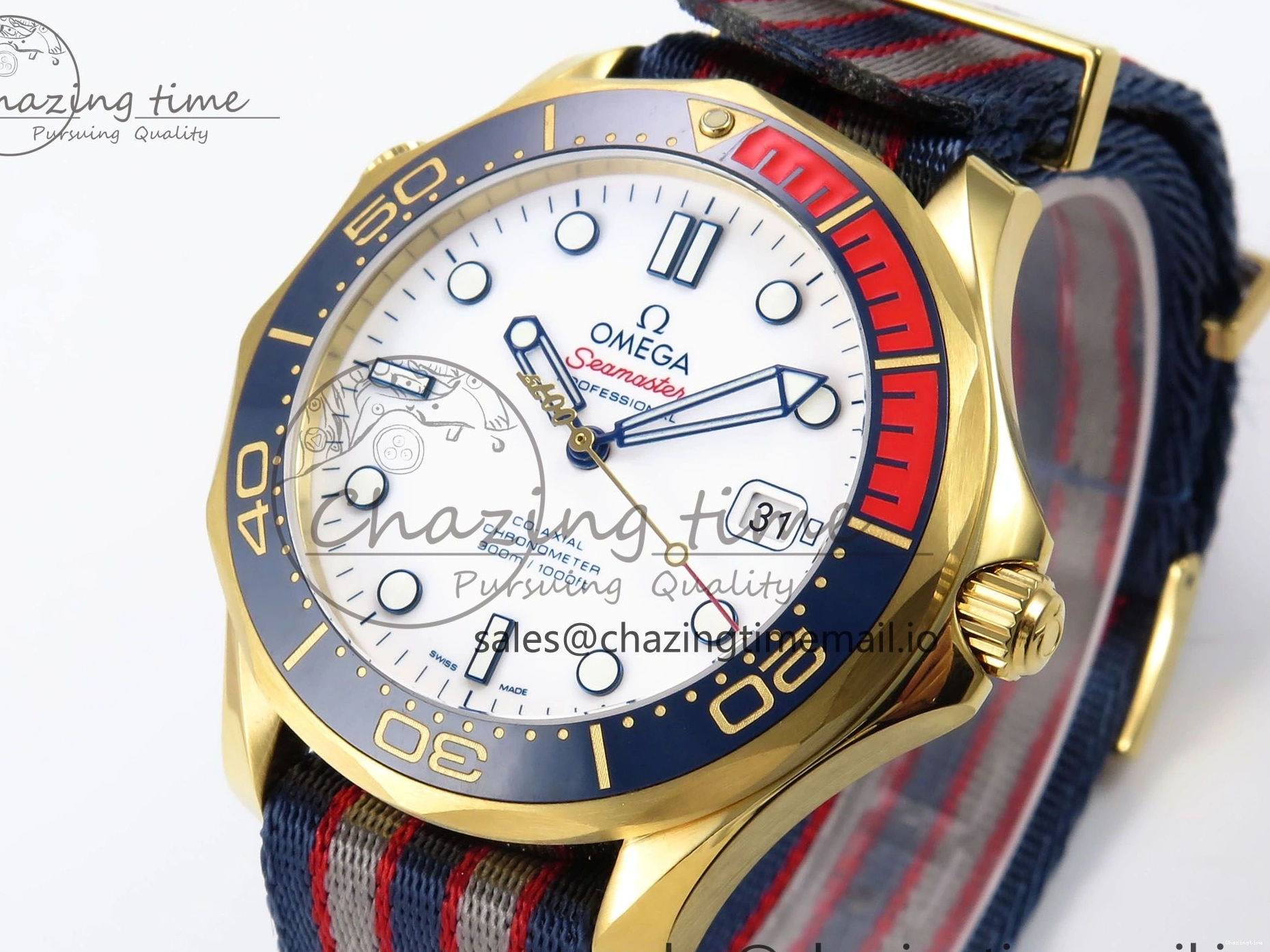 0408 Seamaster 300m Diver YG OMF 1:1 Best Edition Blue Orange Ceramic White Dial on Blue Nato Strap A Colorful 7704